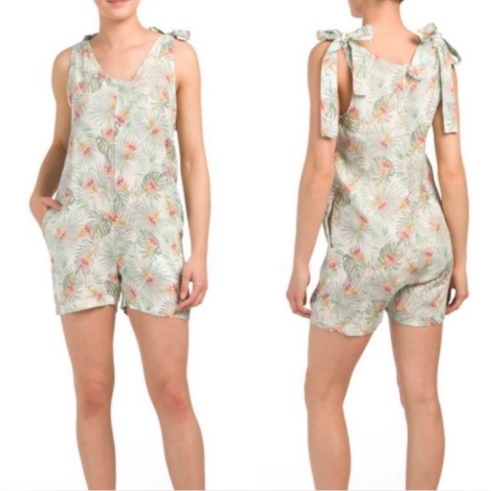 Francesca Bettini | Muted-Tone Tropical Linen Italian Floral Romper |  XS
